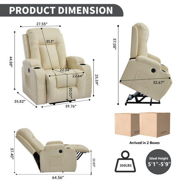 English Elm Beige Pu Leather Power Lift Recliner with Massage Lumbar Heat and Usb Charging Beige W1803S00085