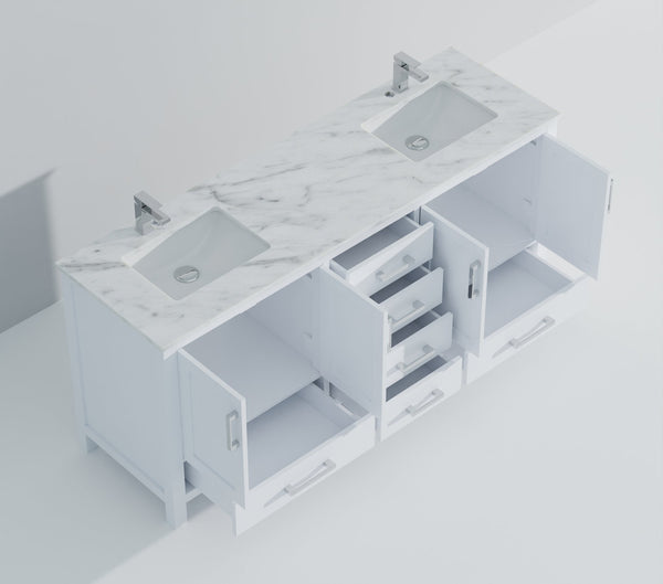 English Elm White 72 in. Double Bath Vanity with Carrara Marble Top, Soft-Close Drawers, Chrome Faucet Set B2731P259096