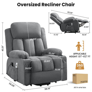English Elm Swivel Rocker Recliner with Massage Heat and Usb Port for Living Room Comfort Grey W1521P425512