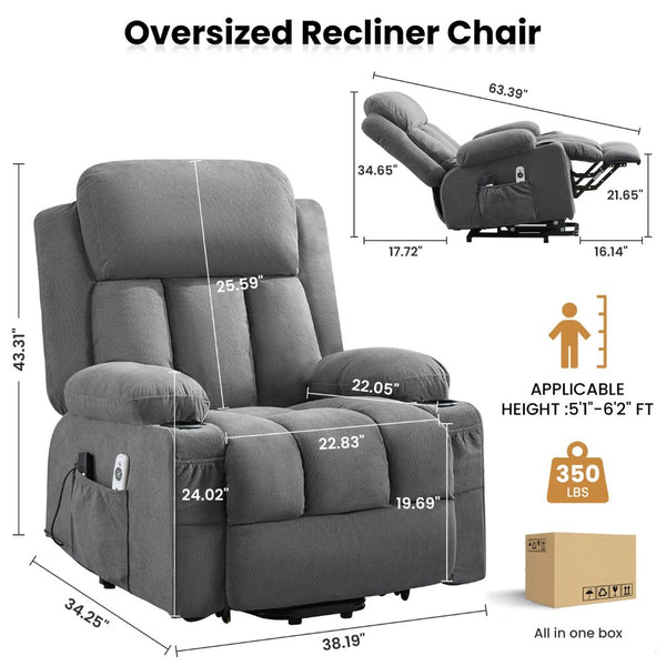 English Elm Swivel Rocker Recliner with Massage Heat and Usb Port for Living Room Comfort Grey W1521P425512