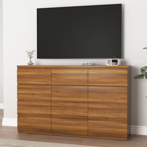 English Elm 12 Drawer Wide Double Dresser Modern Symmetrical Wood Storage Chest for Bedroom Walnut W409S00017