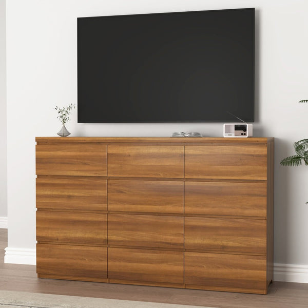 English Elm 12 Drawer Wide Double Dresser Modern Symmetrical Wood Storage Chest for Bedroom Walnut W409S00017