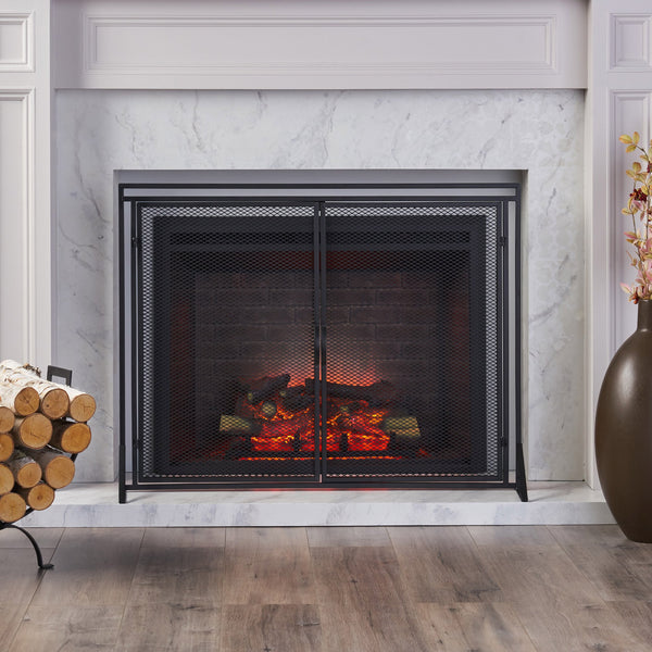 English Elm Christopher Knight Home® - FIREPLACE Samantha Iron Screen with Matte Finish, Handcrafted Mesh Guard, Dual Doors & Sleek Frame Black 67721.00