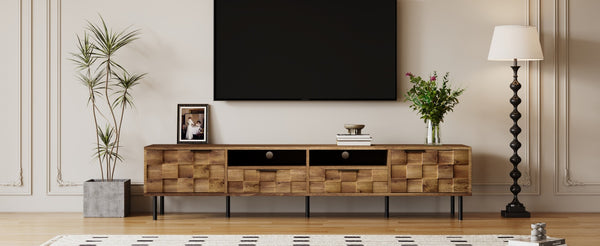 English Elm Mid retro TV Stand for TVs up to 85" — Medieval-inspired media console with 2 drawers, 4 cabinets, cable management Natural N710P193724P