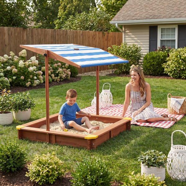 English Elm Kids Cedar Sandbox with Adjustable Canopy Corner Seating Outdoor Backyard Play D720094431