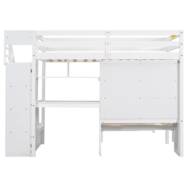 English Elm Twin Over Twin Loft Bed with Built-In Desk, Stairs, Shelving and Storage Headboard for Space-Saving Rooms White GX000465AAK