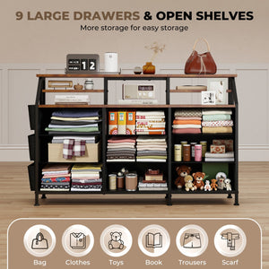 English Elm 55''W Modern Dresser with 9 Fabric Drawers & 2 Open Shelves — Sturdy Wood‑Metal Chest, Anti‑Tip Stability Brown T3950P402194