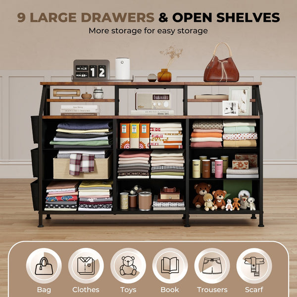 English Elm 55''W Modern Dresser with 9 Fabric Drawers & 2 Open Shelves — Sturdy Wood‑Metal Chest, Anti‑Tip Stability Brown T3950P402194