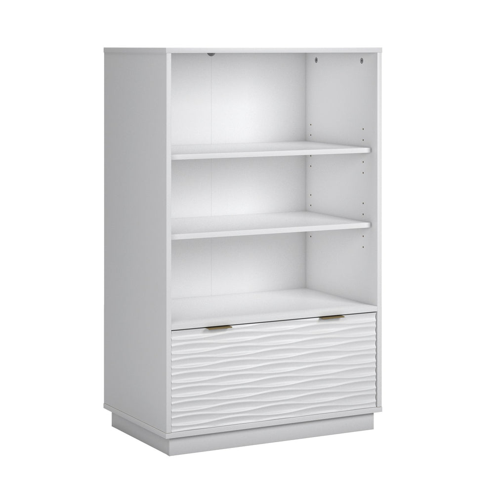 English Elm Bookcase With Drawer - Elegant White Finish, Gold Accents, Adjustable Shelves & Compact Design For Storage B356P402657