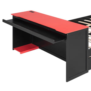 English Elm Full Size Wood Platform Daybed with Trundle Desk Rgb Led Lighting Gaming Bedroom Black+Red LT000284AAR