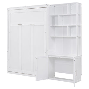 English Elm Full Full Size Murphy Bed with Hidden Cabinet, Multiple Shelves, Space-Saving White Design, 600lb Capacity GX000383AAK