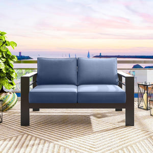 English Elm 50" Cast Aluminum Outdoor Loveseat with Uv Resistant Olefin Cushions for Patio Decks Black+Blue B082P454971