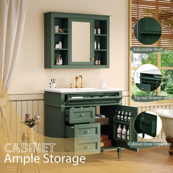 English Elm 36'' Modern Bathroom Vanity With Mirror Cabinet, Soft-Close Doors & Spacious Drawers For Storage SW000134AAF-1