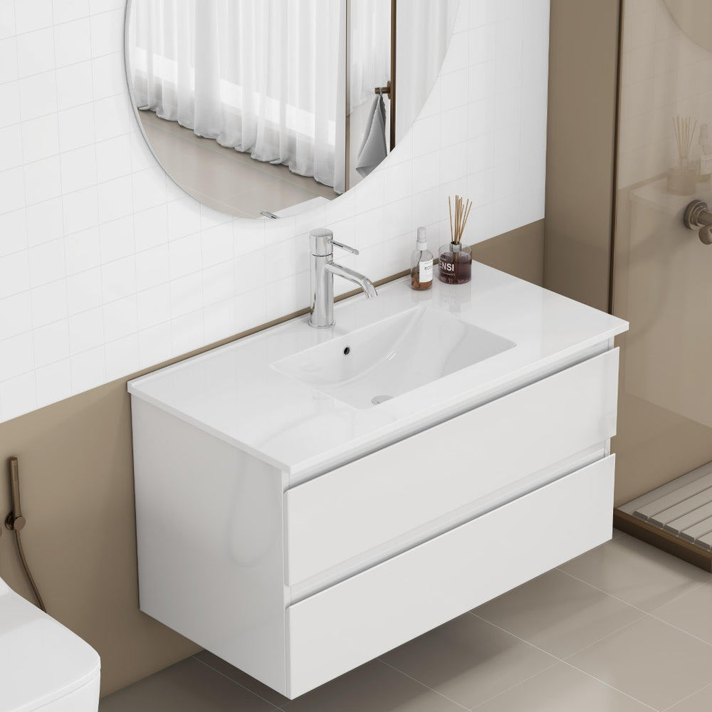 English Elm 36-inch Glossy White Bathroom Vanity with Ceramic Sink Soft Close Drawers Minimalist W3151S00065