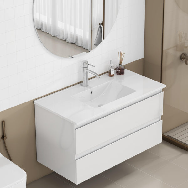 English Elm 36-inch Glossy White Bathroom Vanity with Ceramic Sink Soft Close Drawers Minimalist W3151S00065