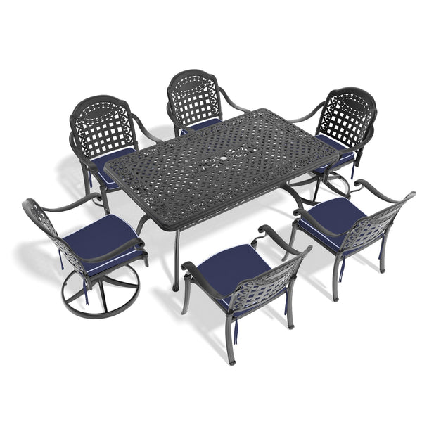 English Elm 7-Piece All-Weather Cast Aluminum Dining Set With Cushions, Swivel Chairs & Rectangular Black Table W1710S00376