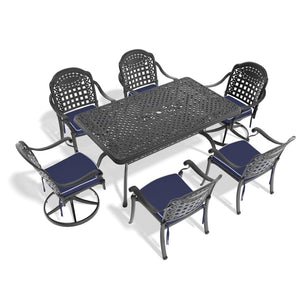 English Elm 7-piece Cast Aluminum Outdoor Dining Set with Carved Petal Chairs and Swivel Seating W1710S00586