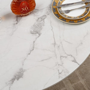 English Elm 47" Round Marble Dining Table | Modern High Gloss Faux Marble & Stainless Steel Base For Any Space W3456S00003