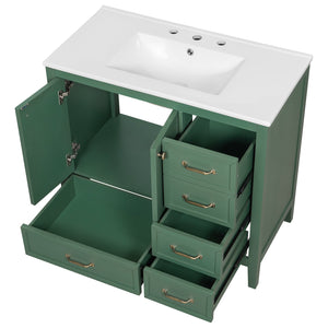 English Elm Christopher Knight Home® - 36" Vintage-inspired Bathroom Vanity with Ceramic Sink, Solid Wood Frame, Soft-Close Drawers, Spacious Storage Green N759P293646F