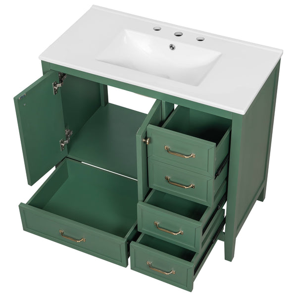 English Elm Christopher Knight Home® - 36" Vintage-inspired Bathroom Vanity with Ceramic Sink, Solid Wood Frame, Soft-Close Drawers, Spacious Storage Green N759P293646F