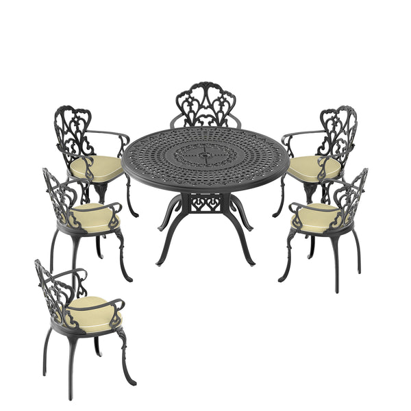 English Elm (Cushions) Elegant 7-Piece Cast Aluminum Patio Dining Set With Off-White Cushions For Outdoor Comfort W1710S00399