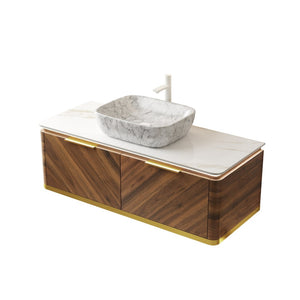 English Elm 48" Sintered Stone Countertop Vanity Base Brown Oak Cabinet Brushed Gold Handles W2615P330747