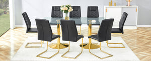 English Elm Table and Chair Set 8 Seater Tempered Glass Top with Pu Leather Dining Room Furniture Black,Gold,Transparent W1151S04561