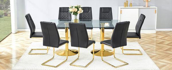 English Elm Table and Chair Set 8 Seater Tempered Glass Top with Pu Leather Dining Room Furniture Black,Gold,Transparent W1151S04561