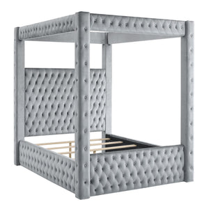English Elm 1pc Majestic Canopy Four-Poster Queen Bed with Tufted Velvet Headboard & Footboard, Luxurious Statement Gray 62 L x 45.25 W x 7 H B2741S00128