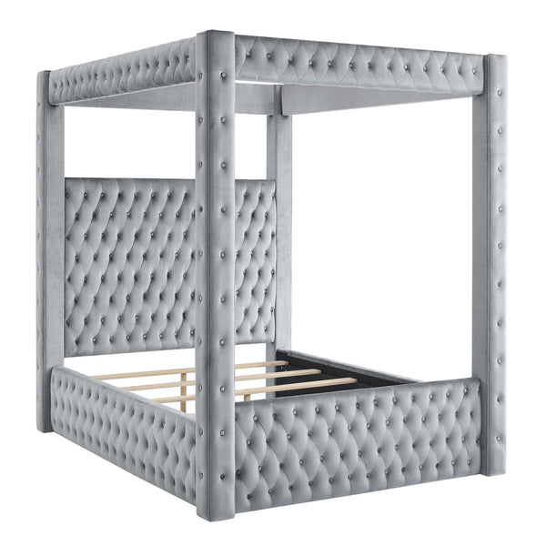 English Elm 1pc Majestic Canopy Four-Poster Queen Bed with Tufted Velvet Headboard & Footboard, Luxurious Statement Gray 62 L x 45.25 W x 7 H B2741S00128