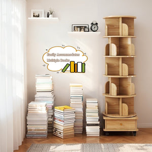 English Elm 6 Tier Rotating Bookshelf 360° Spinning Tower with Lockable Wheels, Drawer & Stable Base for Home Office Wood W3204P309484