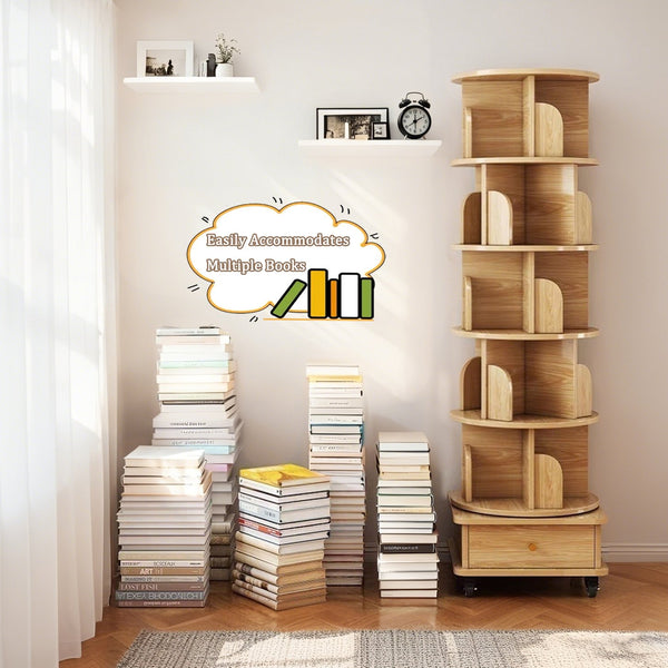 English Elm 6 Tier Rotating Bookshelf 360° Spinning Tower with Lockable Wheels, Drawer & Stable Base for Home Office Wood W3204P309484