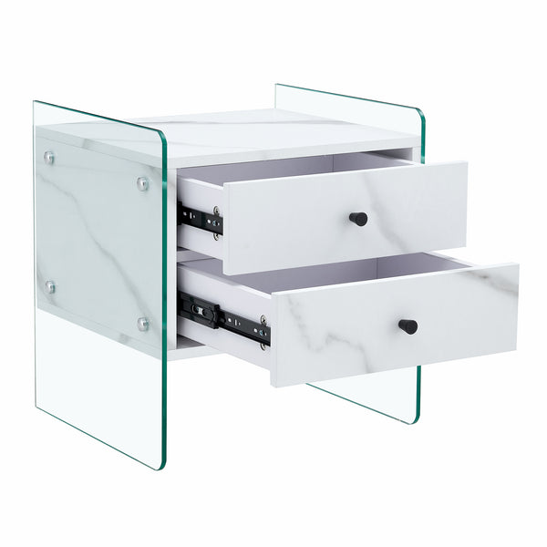 English Elm Double-drawer modern bedside table with MDF surface, tempered glass sides, elegant storage design W1151P191734