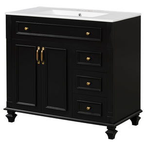 English Elm 36" Modern Bathroom Vanity with Ceramic Sink, Gold Handles, Flip-Out Drawer & Soft-Close Doors Black N725P283623B