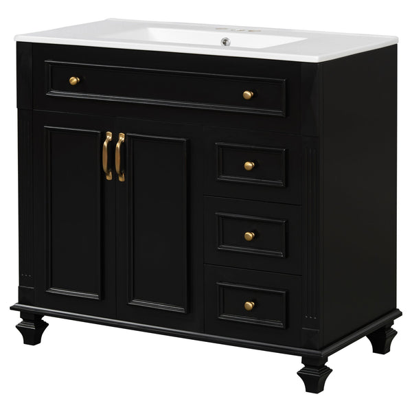 English Elm 36" Modern Bathroom Vanity with Ceramic Sink, Gold Handles, Flip-Out Drawer & Soft-Close Doors Black N725P283623B