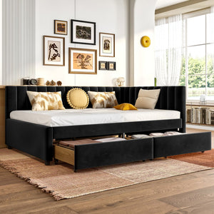 English Elm Full Velvet Daybed with Storage Drawers, L-Shape Upholstered Corner Frame, Black, No Box Spring Needed W1670S00025