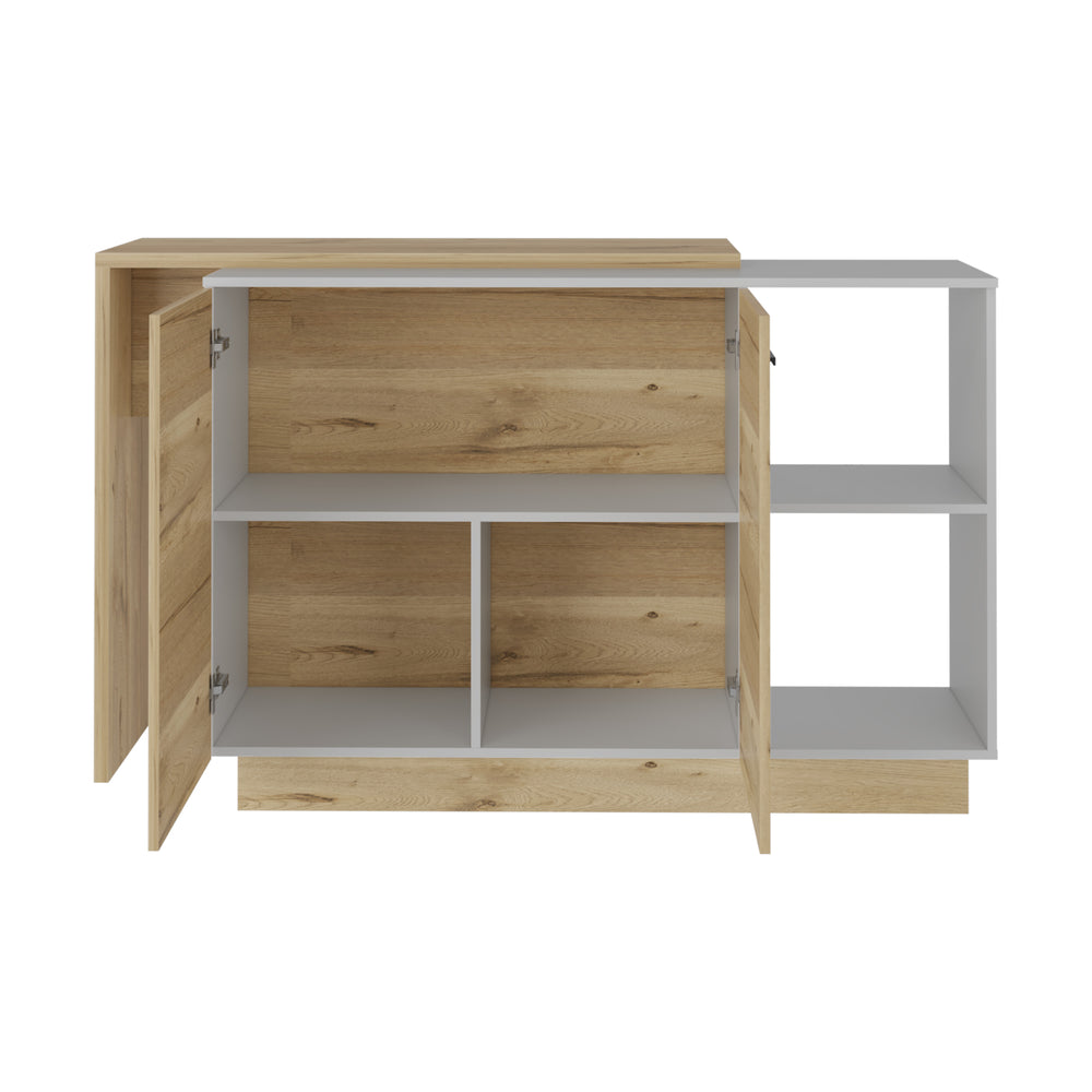 English Elm Kitchen Island With Double Door Cabinets, Two Open Shelves, Modern White & Light Oak Design Upgrade B097S00156