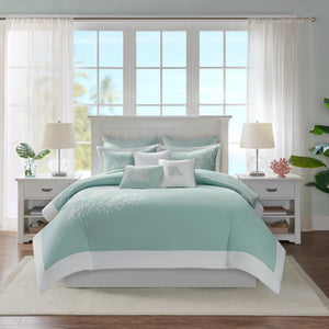 English Elm Square Pillow Ivory 16x16" Coastline Aqua Embroidered Conch Shell Coral Motif 100% Cotton Jacquard B03595804