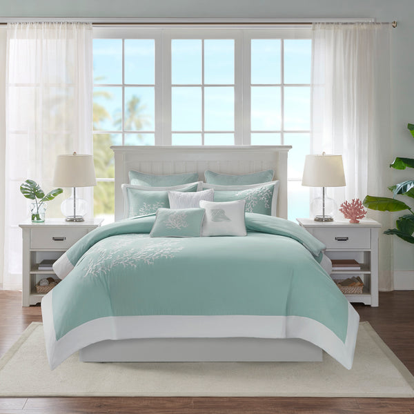 English Elm Square Pillow Ivory 16x16" Coastline Aqua Embroidered Conch Shell Coral Motif 100% Cotton Jacquard B03595804