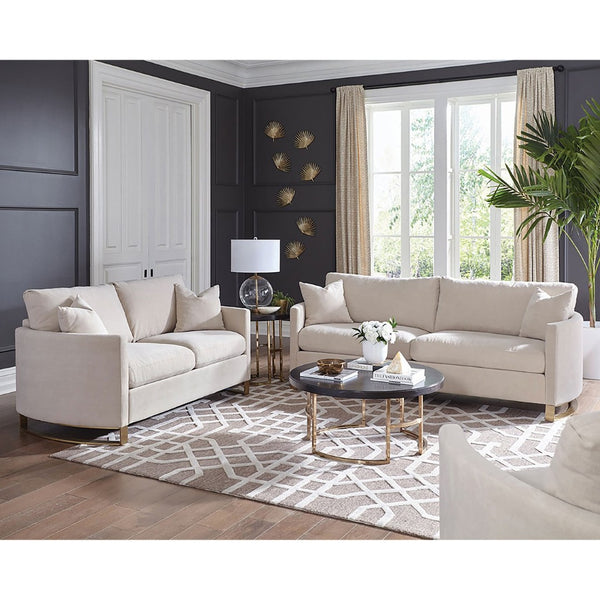 English Elm Rufo Beige Fabric Loveseat with Gold Steel Legs Arched Arms and Feather Cushions B062P357784