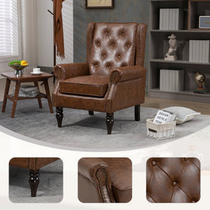 English Elm Wood Solid Frame Armchair Modern Accent Lounge Chair with Padded Foam Seat and Sturdy Rubberwood Legs Brown PU W395109980