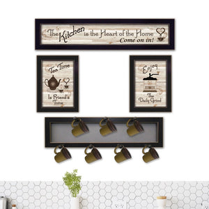 English Elm "kitchen Vignette Wall Art Set with 7 Peg Mug Rack Handcrafted Wood Black Frame B06787070