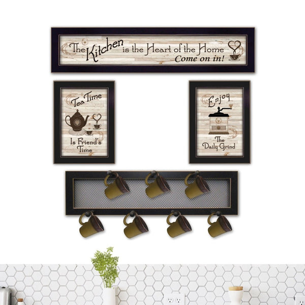 English Elm "kitchen Vignette Wall Art Set with 7 Peg Mug Rack Handcrafted Wood Black Frame B06787070