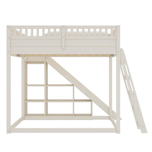 English Elm Full Size Kids Loft Bed Pine Frame Upholstered Headboard Built in Slide and Storage Shelves Beige W1580S00305