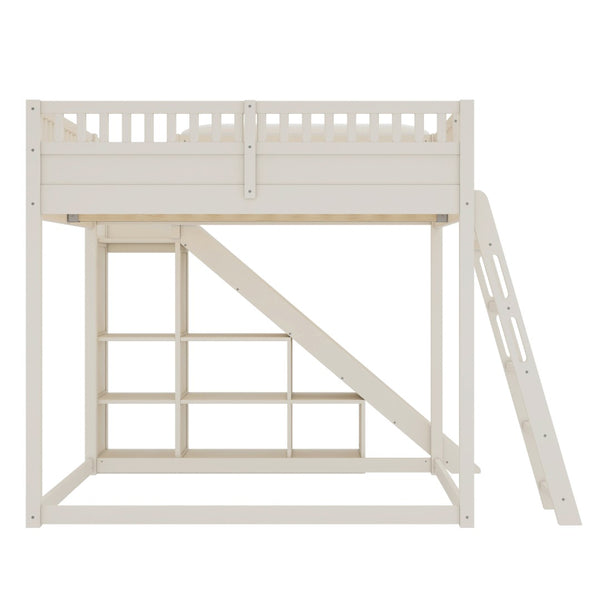 English Elm Full Size Kids Loft Bed Pine Frame Upholstered Headboard Built in Slide and Storage Shelves Beige W1580S00305