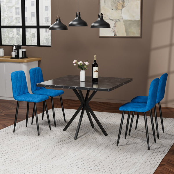 English Elm Square MDF Dining Set for 4 with Faux Marble Top, Mid-Century Modern Iron Legs, Easy-Clean Surface Black+Blue W578S00025