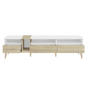 English Elm Modern TV Stand with 3 Drawers & 4 Open Shelves, 80" Media Console White+Wood, Cable Management, P2 Board N710P234108K