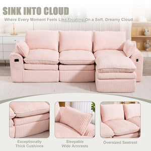 English Elm L Shaped Corduroy Modular Sectional with Cloud Cushions Footstool and Lumbar Pillows Pink W395S00138