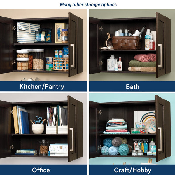 English Elm Wall Cabinet Brown Finish with Adjustable Shelves, Compact 33.75" x16.63" x5" Organizer for Kitchen Bath Garage B356P402698