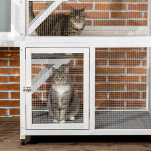 English Elm Pawhut Wooden Catio Outdoor Cat Enclosure with Wheels Weatherproof Asphalt Roof W2225P173768